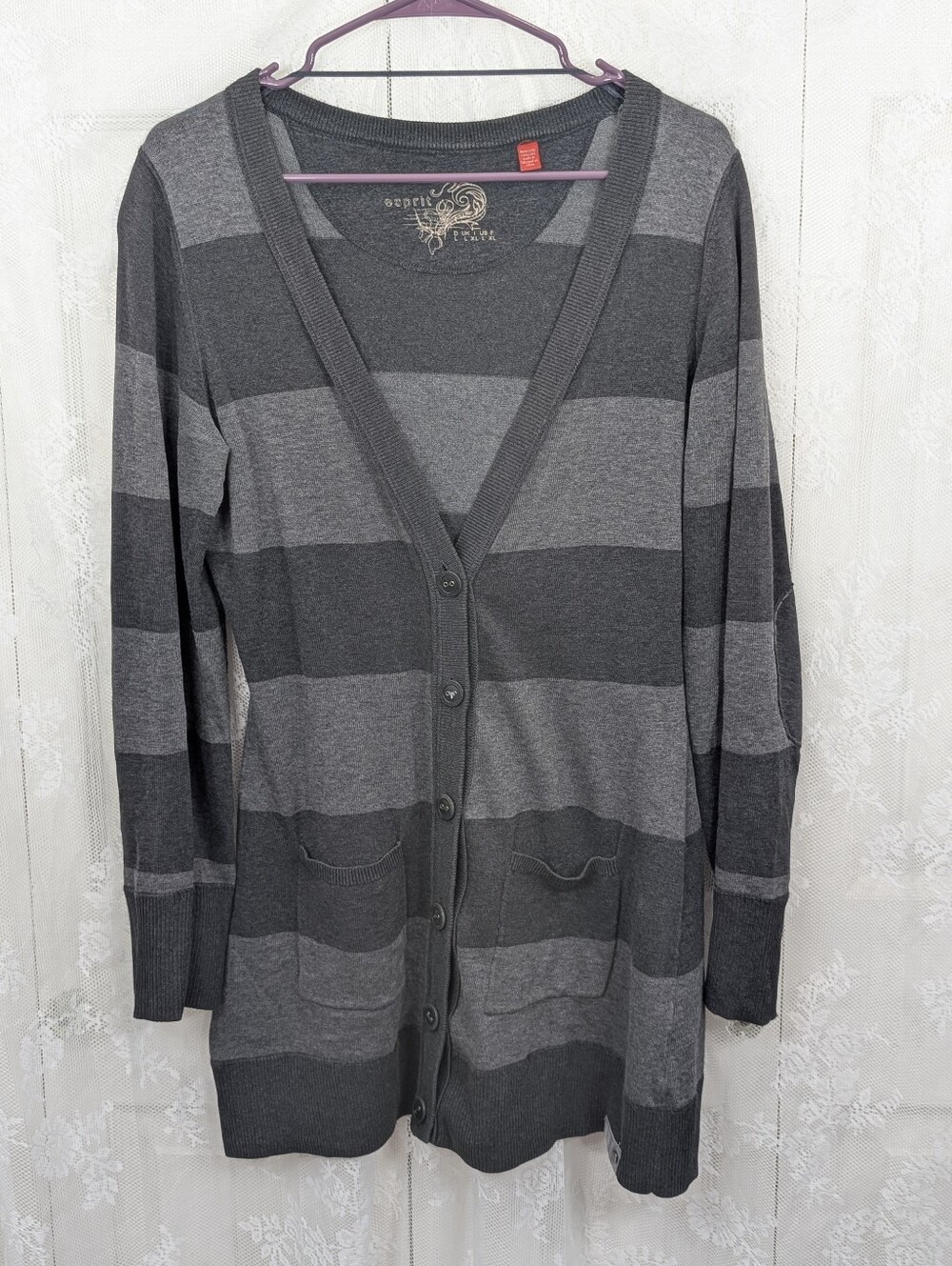 Vintage Esprit: Tricot Gray Striped Long Cardigan Sweater - Size Large